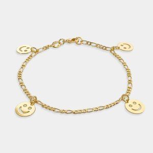 NEW 18K Gold Filled Figaro Bracelet with Happy Faces Charms
